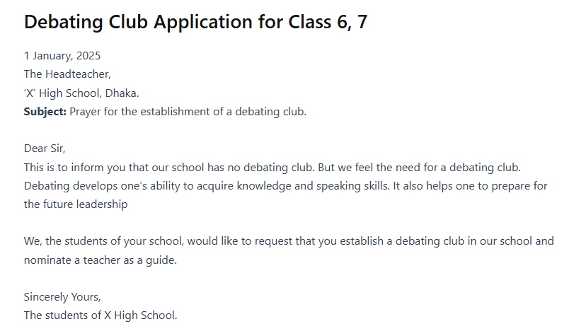 Debating Club Application for Class 6, 7