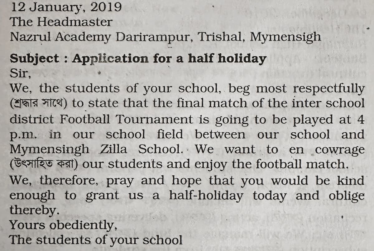 Formal Letter and Application for Half Holiday for Class Six to HSC