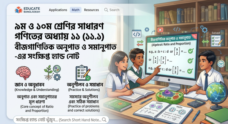 ৯ম ও ১০ম শ্রেণির সাধারণ গণিতের অধ্যায় ১১ (১১.১) বীজগাণিতিক অনুপাত ও সমানুপাত-এর সংক্ষিপ্ত হ্যান্ড নোট