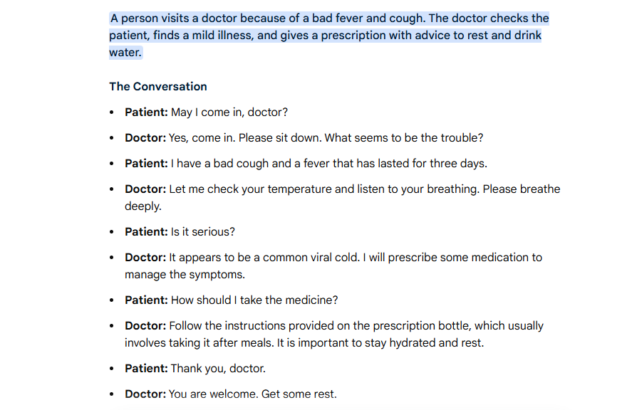 Write a dialogue between you and the doctor